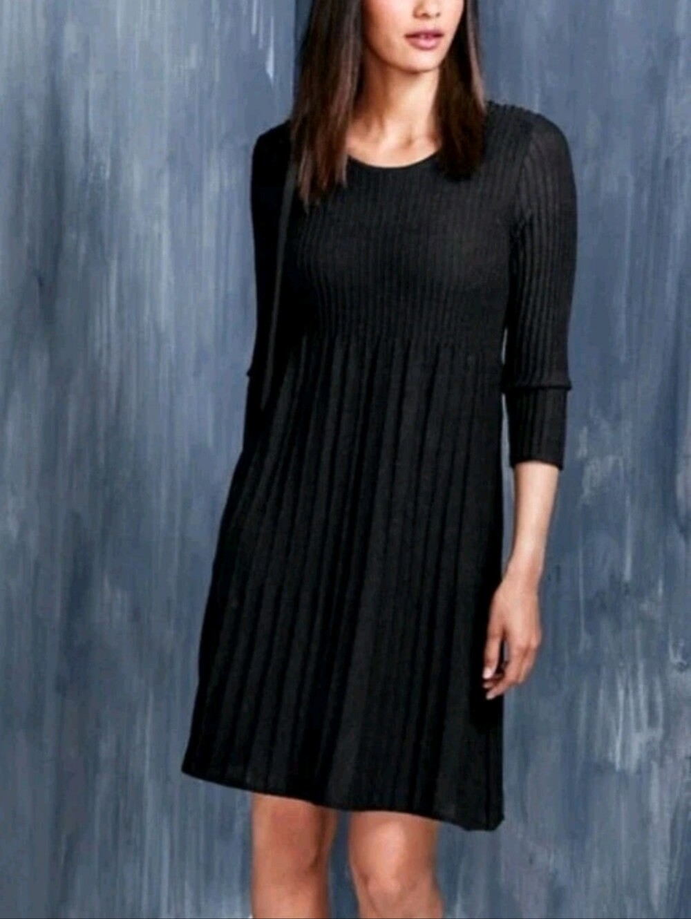 Eileen Fisher Wool Ribbed Pleated Knee Black Wool Dress 3/4 Sleeve XS Timeless